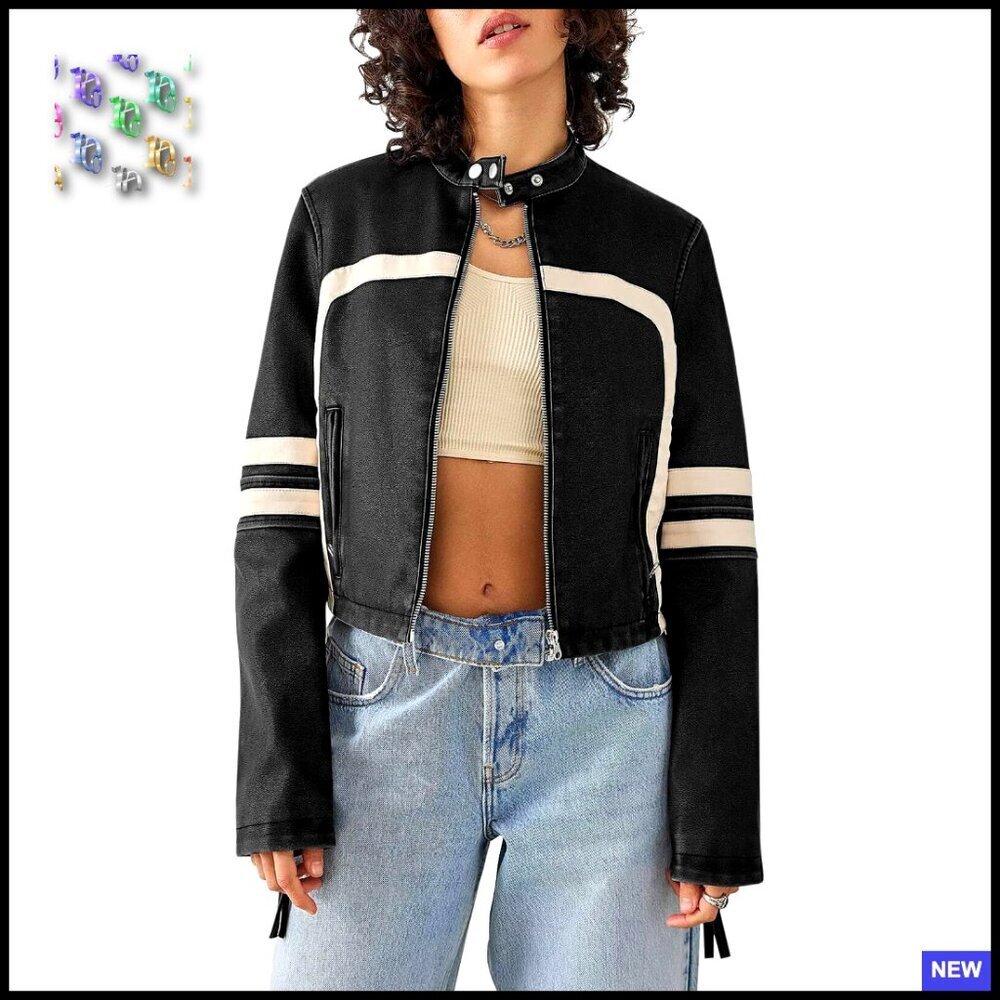 Faux Leather Cropped Moto Jacket Zip Up Stand Collar Chic Y2K Style